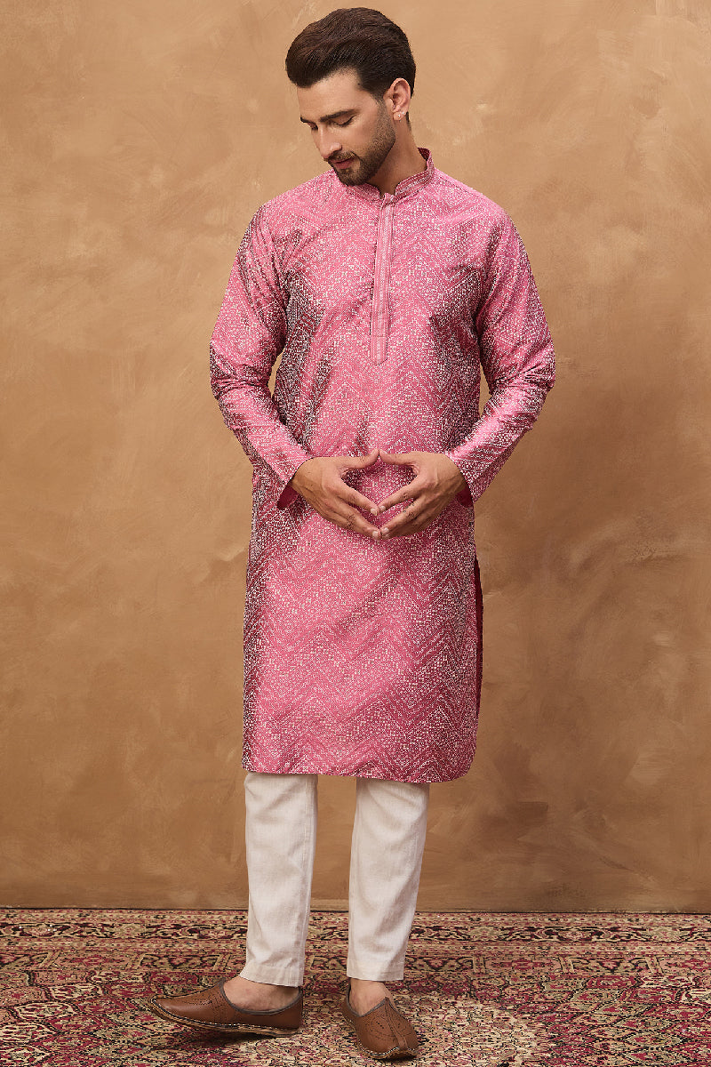 pink silk blend geometric printed straight kurta with pant set