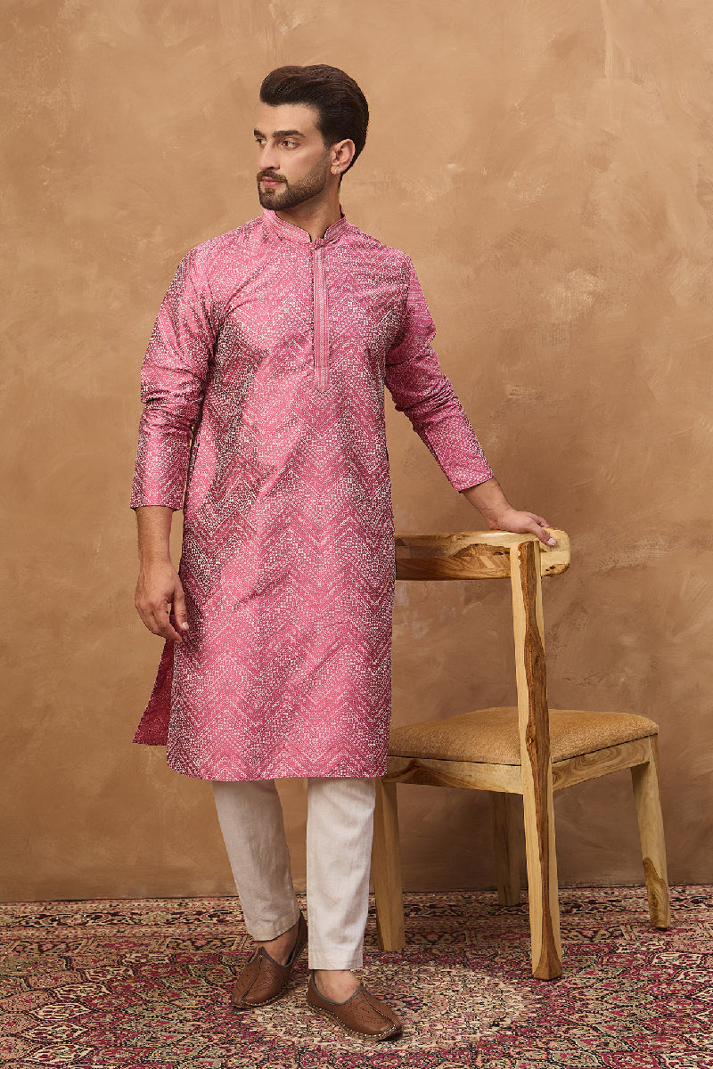 pink silk blend geometric printed straight kurta with pant set