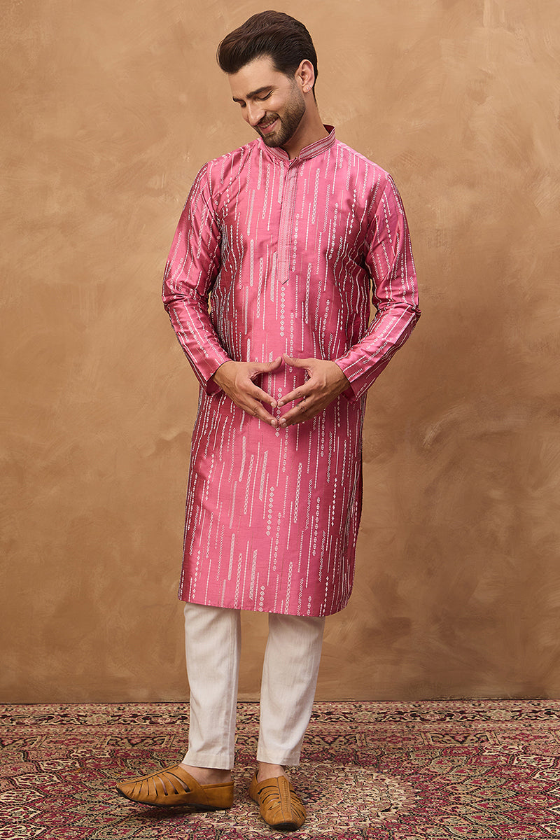 pink silk blend geometric printed straight kurta