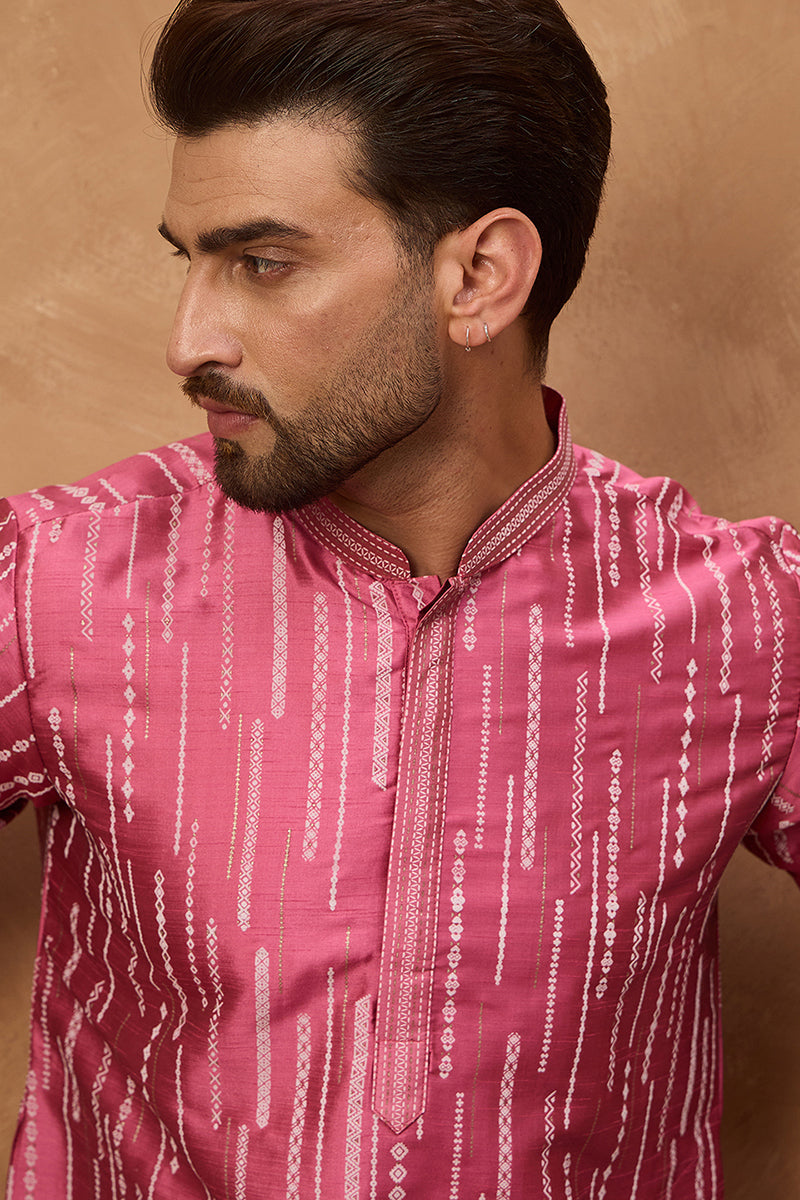 pink silk blend geometric printed straight kurta