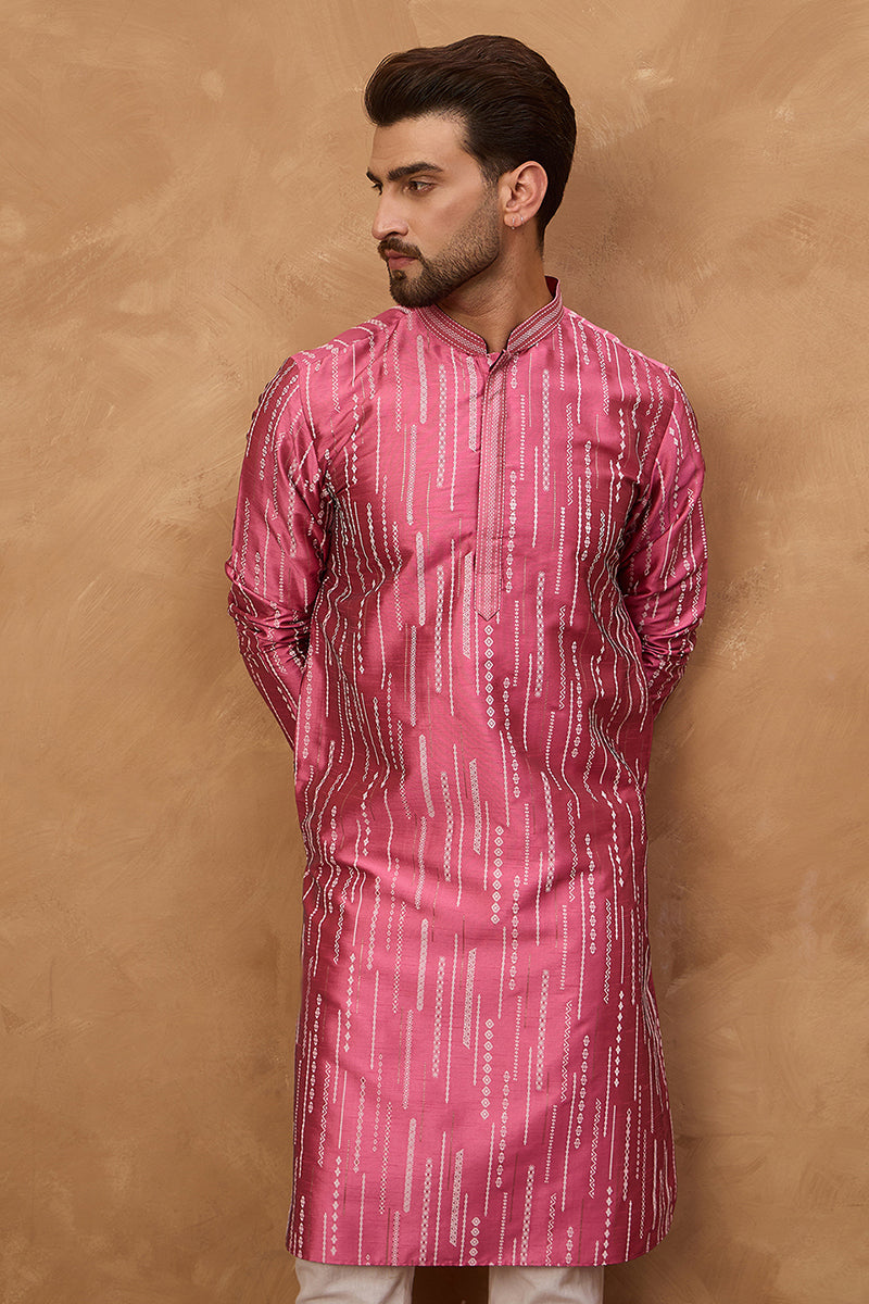 pink silk blend geometric printed straight kurta