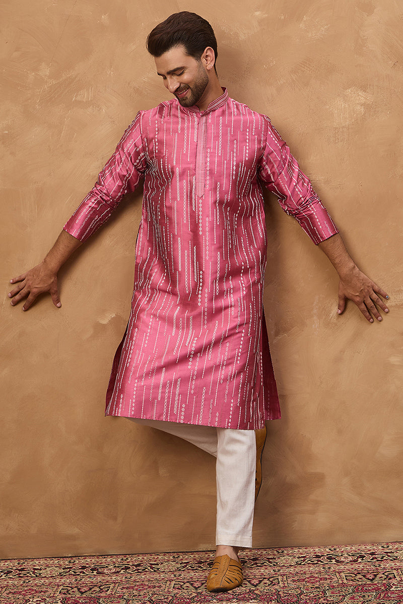 pink silk blend geometric printed straight kurta