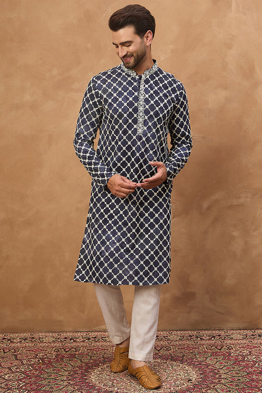 Blue Viscose Rayon Shibori Embroidered Straight Kurta With Pant Set MKSET1534