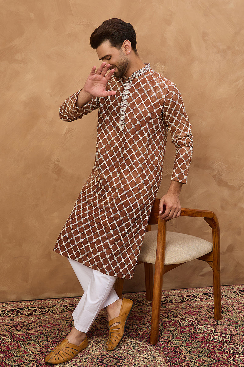 Brown Viscose Rayon Solid Embroidered Straight Kurta MKU1535