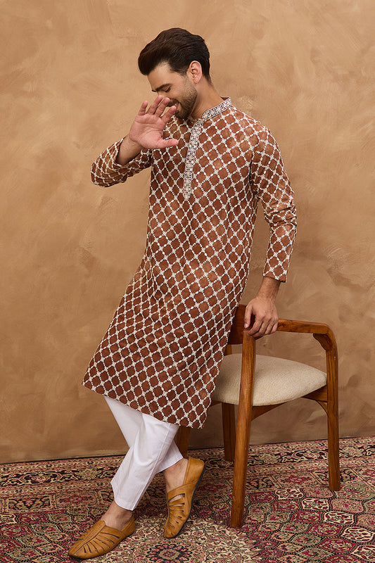 Brown Viscose Rayon Solid Embroidered Straight Kurta MKU1535