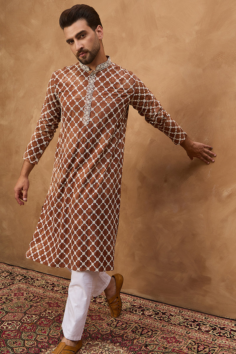 Brown Viscose Rayon Solid Embroidered Straight Kurta With Pant Set MKSET1535