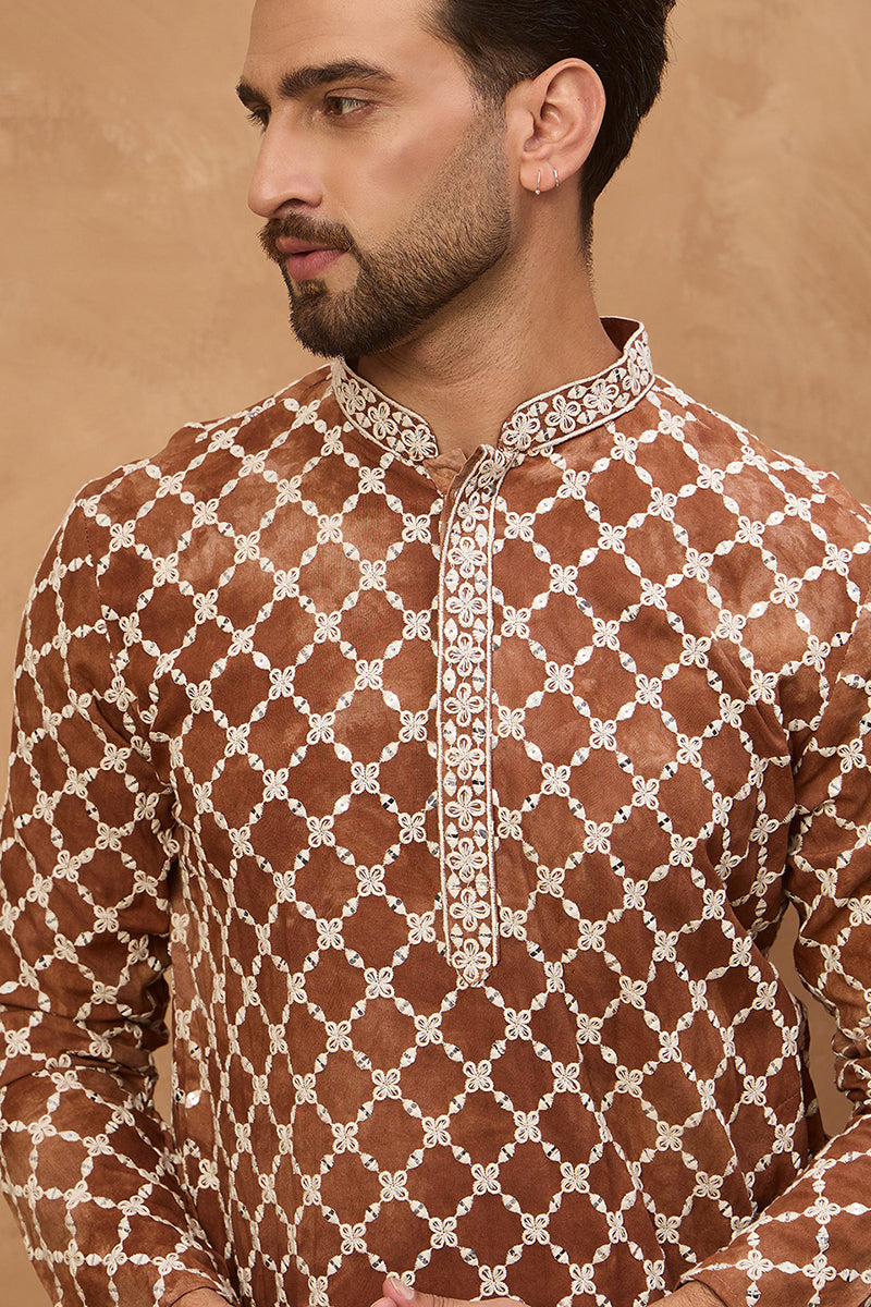 Brown Viscose Rayon Solid Embroidered Straight Kurta With Pant Set MKSET1535