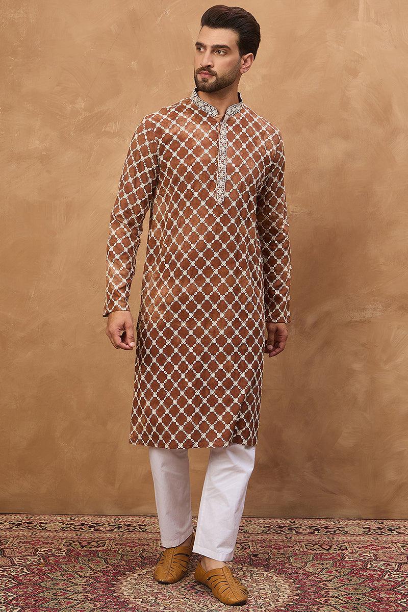 Brown Viscose Rayon Solid Embroidered Straight Kurta With Pant Set