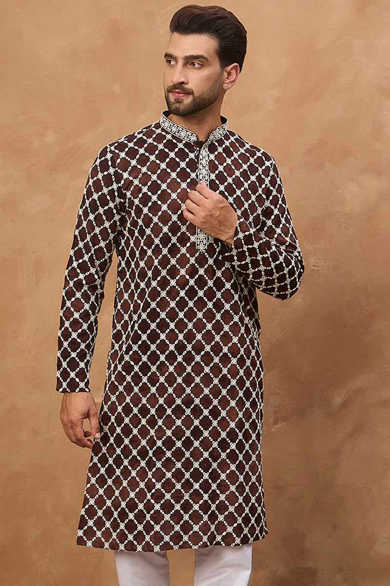 Brown Viscose Rayon Solid Embroidered Straight Kurta MKU1536