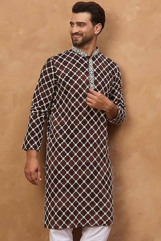 Brown Viscose Rayon Solid Embroidered Straight Kurta With Pant Set MKSET1536