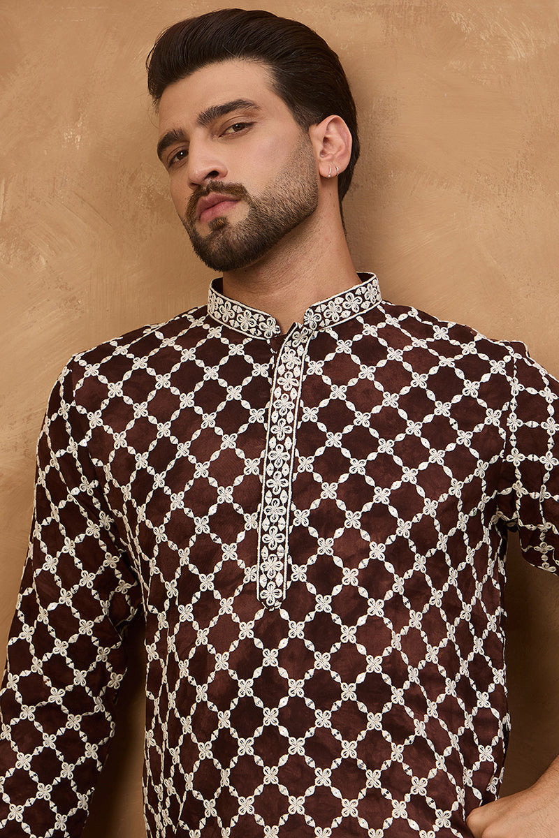 Brown Viscose Rayon Solid Embroidered Straight Kurta With Pant Set MKSET1536