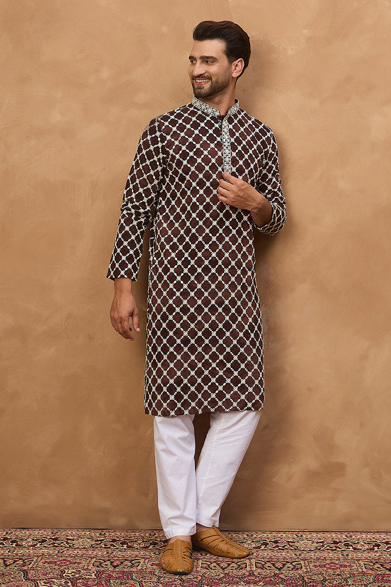 Brown Viscose Rayon Solid Embroidered Straight Kurta MKU1536
