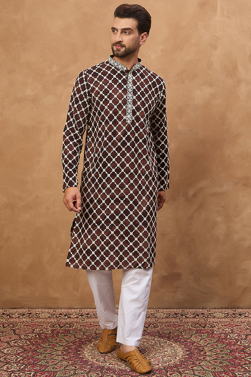 Brown Viscose Rayon Solid Embroidered Straight Kurta