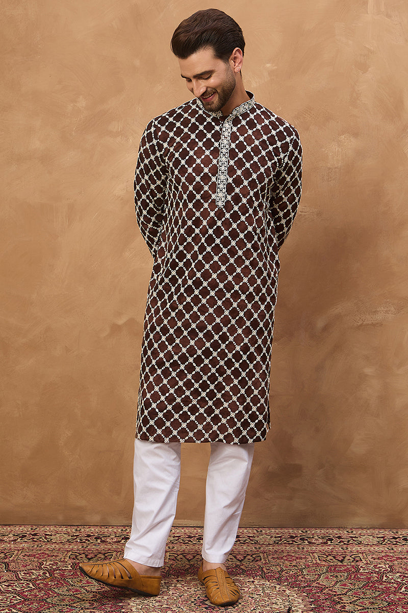 Brown Viscose Rayon Solid Embroidered Straight Kurta