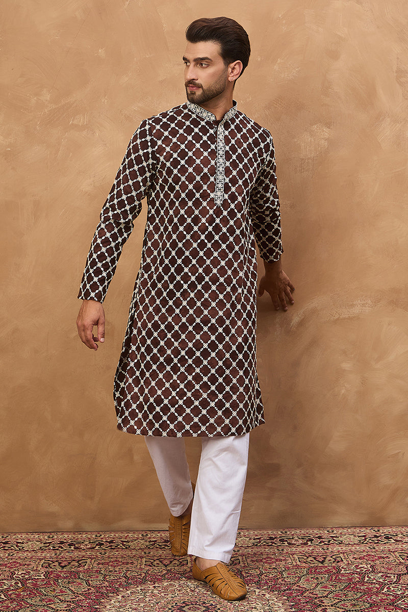 Brown Viscose Rayon Solid Embroidered Straight Kurta