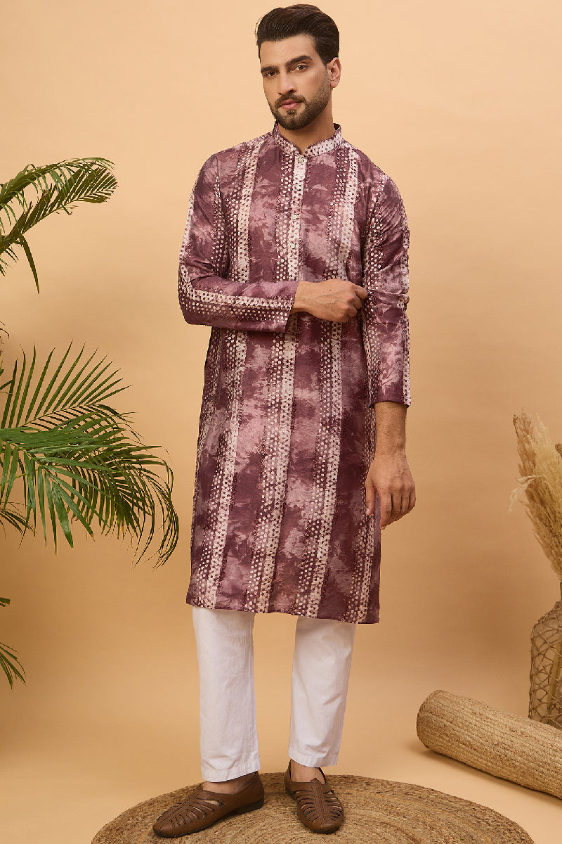 Burgundy Silk Blend Shibori Embroidered Straight Kurta With Pant Set MKSET1537