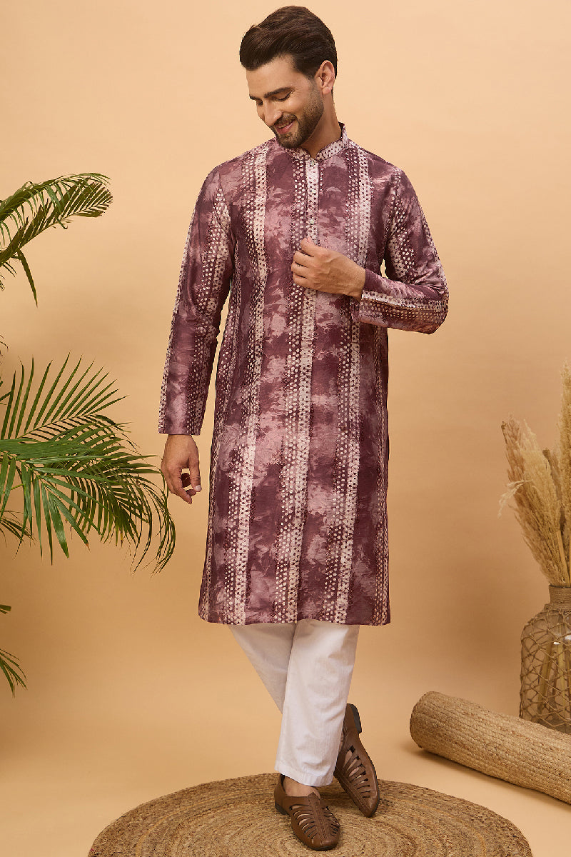 Burgundy Silk Blend Shibori Embroidered Straight Kurta With Pant Set