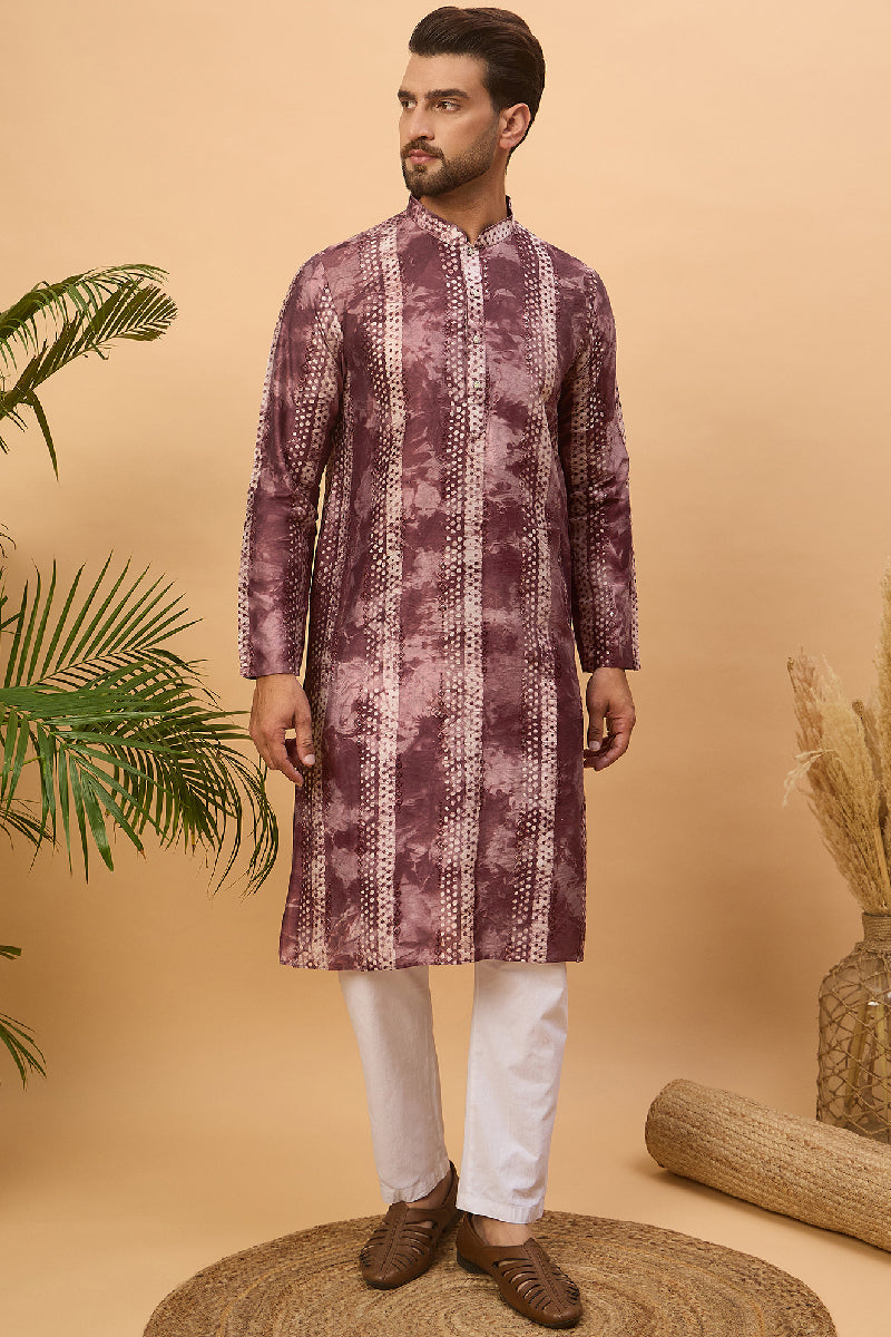 Burgundy Silk Blend Shibori Embroidered Straight Kurta With Pant Set