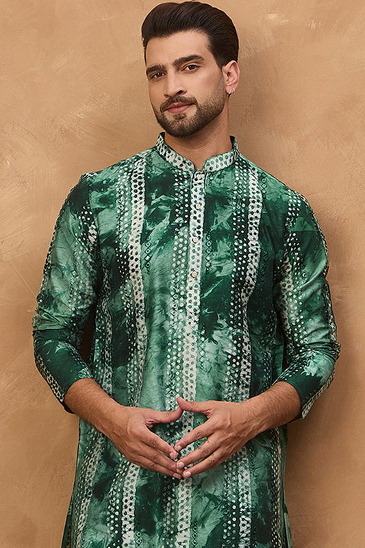 green silk blend shibori embroidered straight kurta