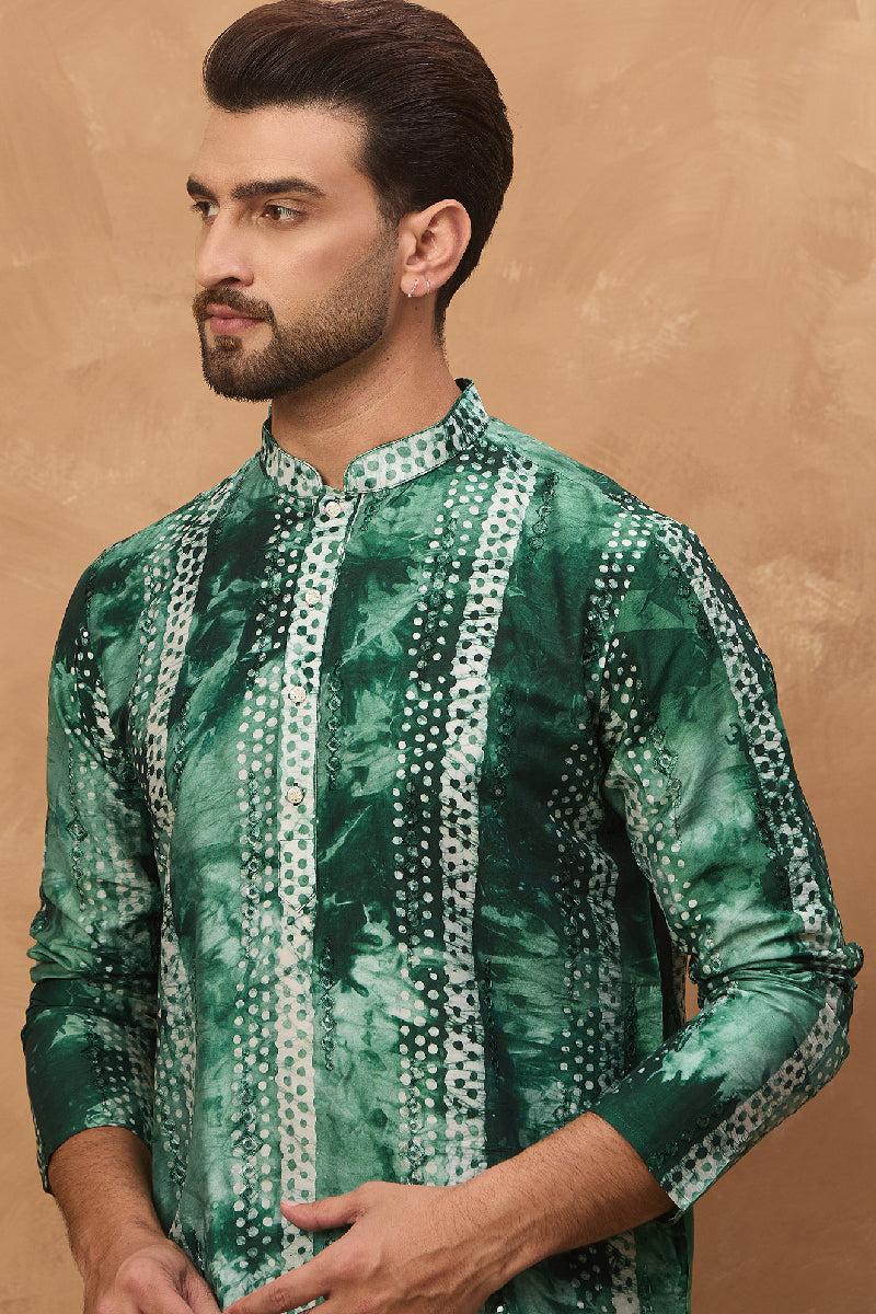 Green Silk Blend Shibori Embroidered Straight Kurta With Pant Set MKSET1538