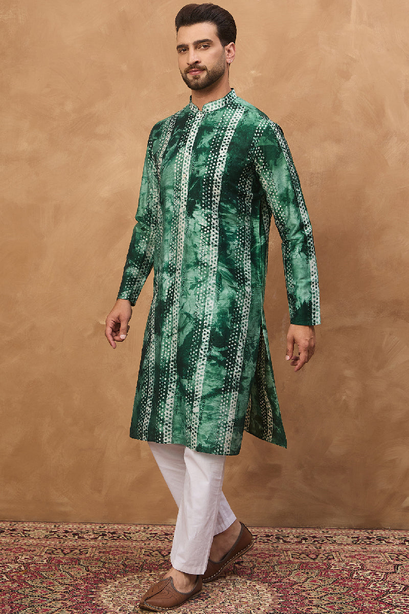 Green Silk Blend Shibori Embroidered Straight Kurta With Pant Set MKSET1538