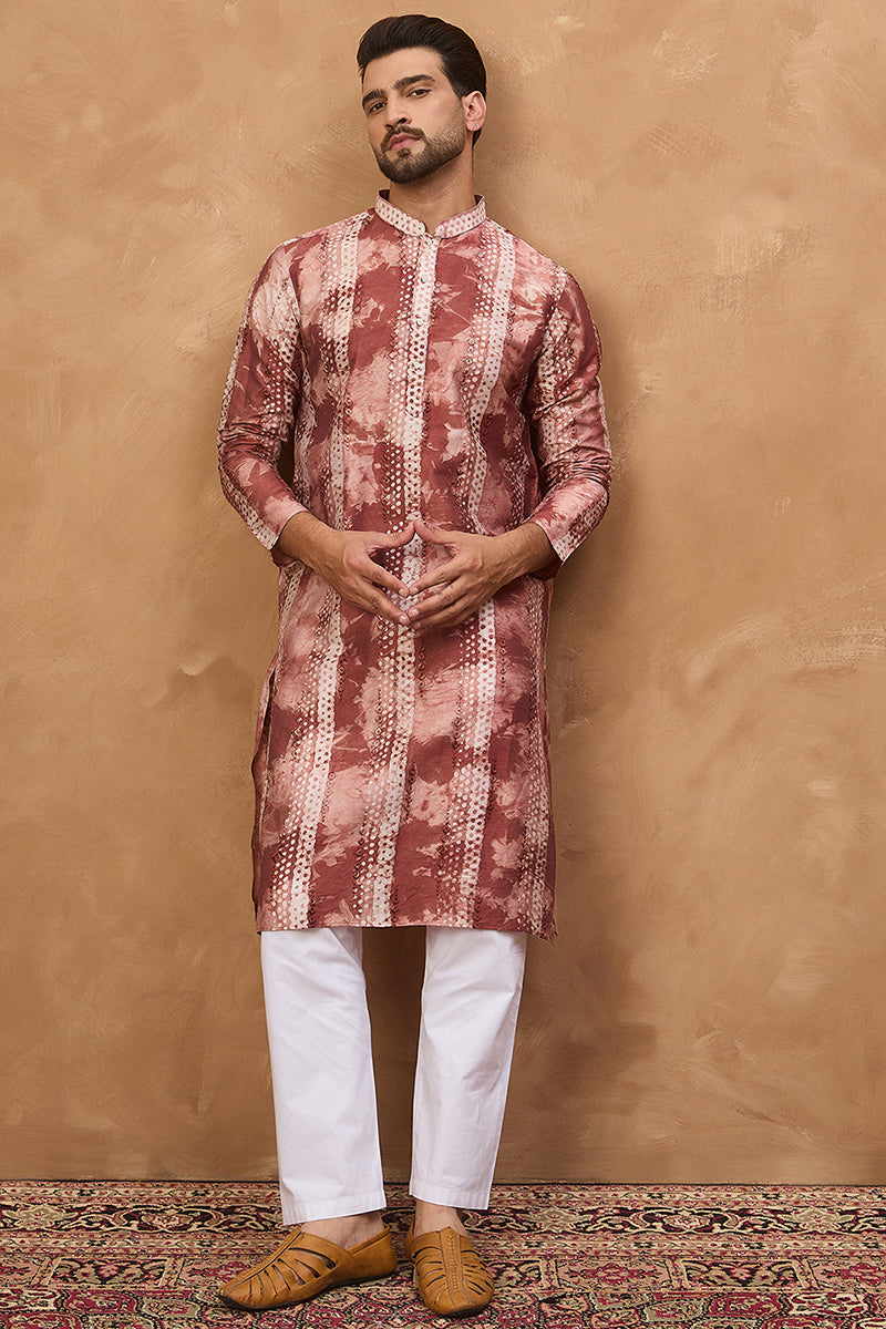 brown silk blend shibori embroidered straight kurta