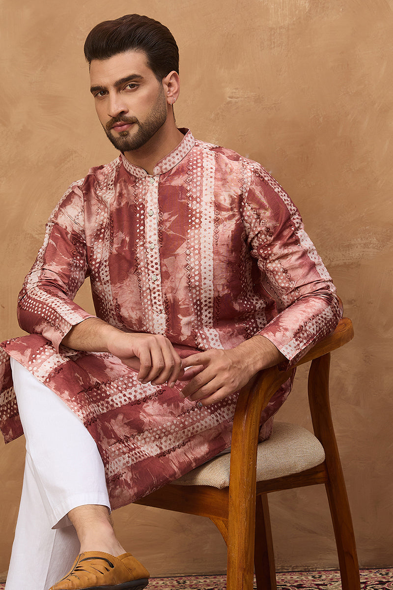 brown silk blend shibori embroidered straight kurta