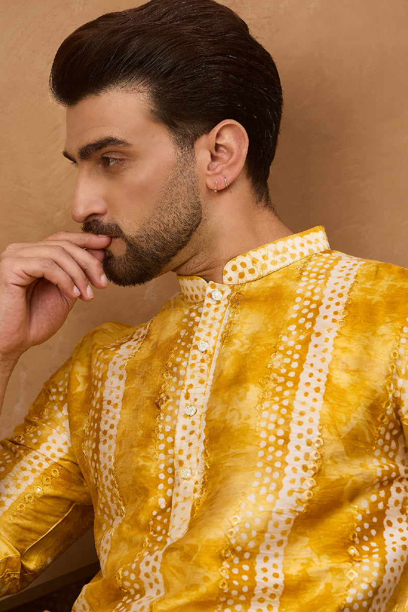 Yellow Silk Blend Shibori Embroidered Straight Kurta With Pant Set MKSET1540