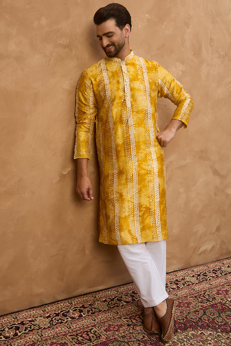 Yellow Silk Blend Shibori Embroidered Straight Kurta With Pant Set MKSET1540