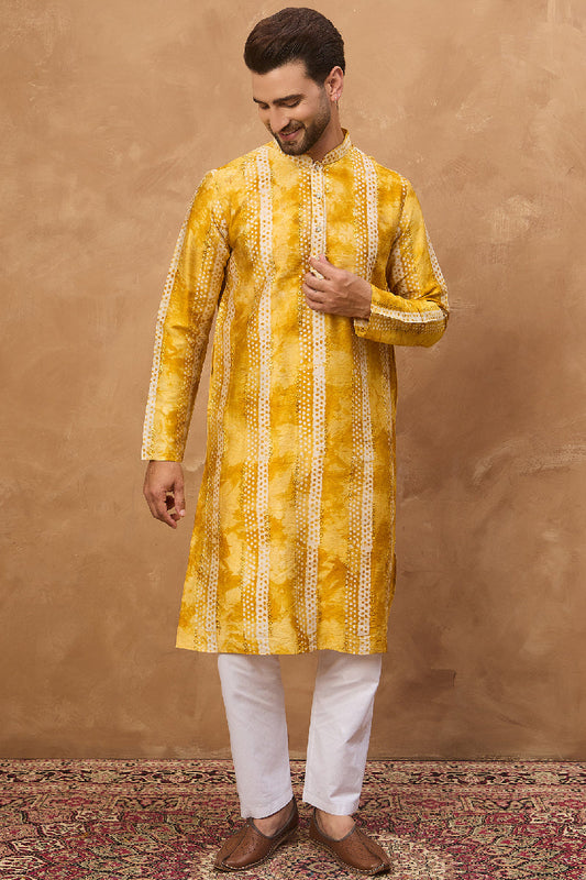 Yellow Silk Blend Shibori Embroidered Straight Kurta With Pant Set