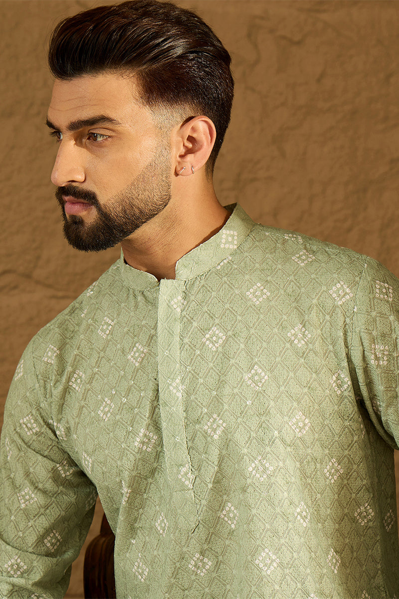 Green Viscose Rayon Bandhani Embroidered Straight Kurta with Trouser MKSET1584