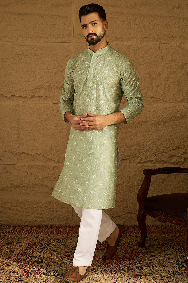 Green Viscose Rayon Bandhani Embroidered Straight Kurta with Trouser MKSET1584