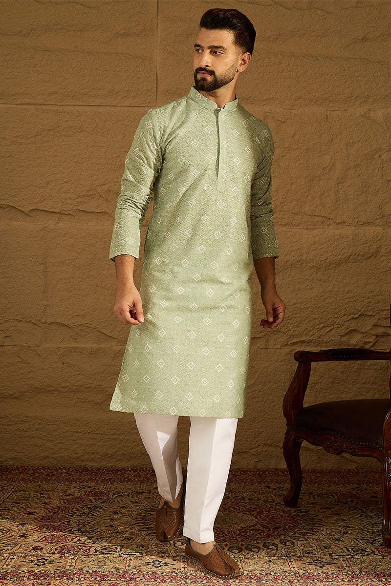 Green Viscose Rayon Bandhani Embroidered Straight Kurta with Trouser