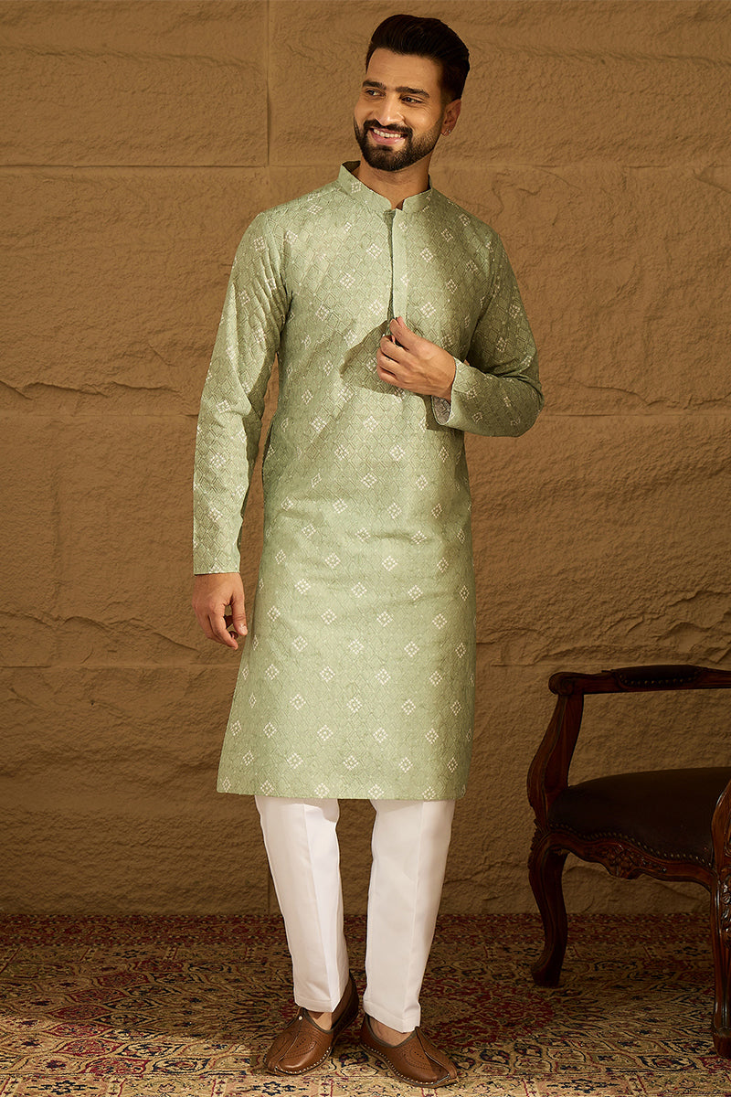 Green Viscose Rayon Bandhani Embroidered Straight Kurta with Trouser
