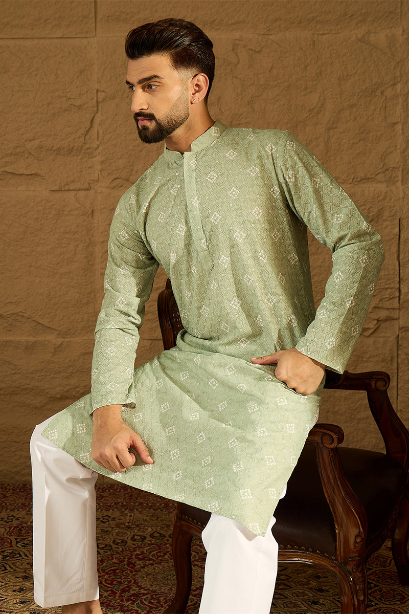 Green Viscose Rayon Bandhani Embroidered Straight Kurta with Trouser MKSET1584