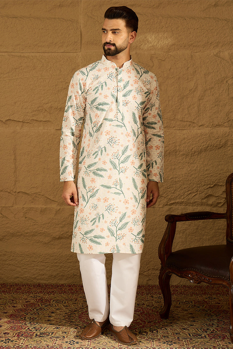White Viscose Rayon Floral Embroidered Straight Kurta with Trouser MKSET1597