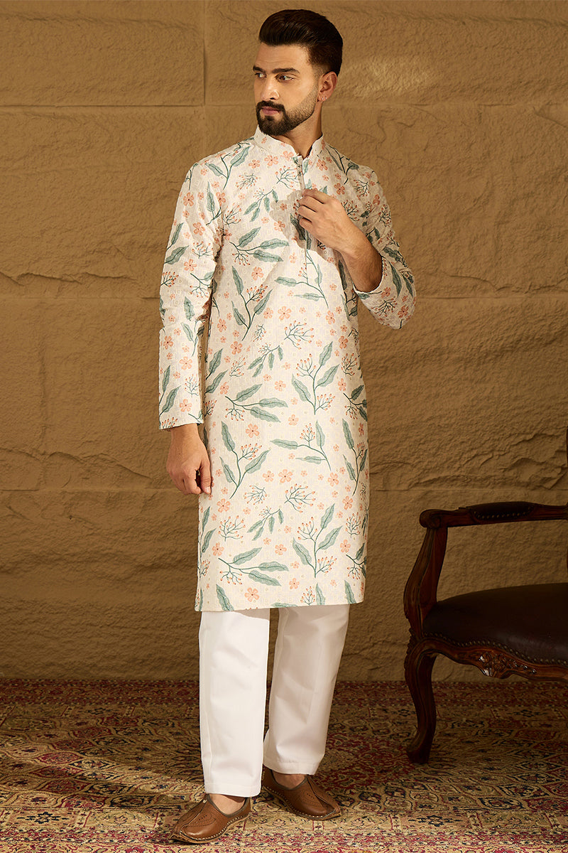 White Viscose Rayon Floral Embroidered Straight Kurta with Trouser MKSET1597