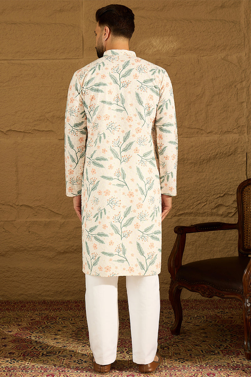 White Viscose Rayon Floral Embroidered Straight Kurta with Trouser MKSET1597