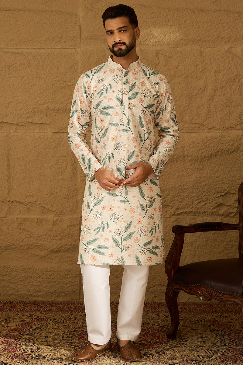 White Viscose Rayon Floral Embroidered Straight Kurta with Trouser