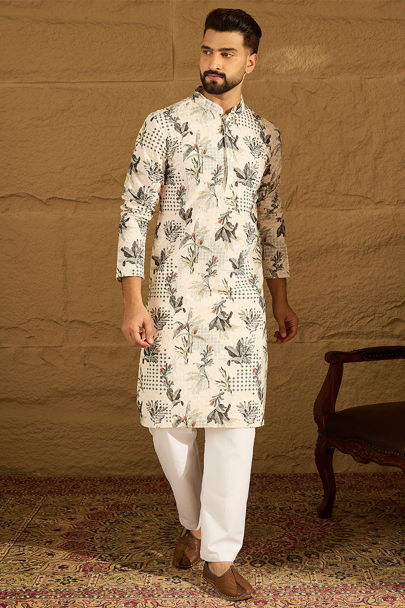 Off White Viscose Rayon Geometric Printed Straight Kurta MKU1598