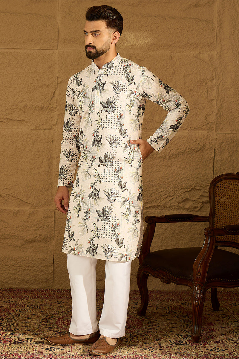 Off White Viscose Rayon Geometric Printed Straight Kurta MKU1598
