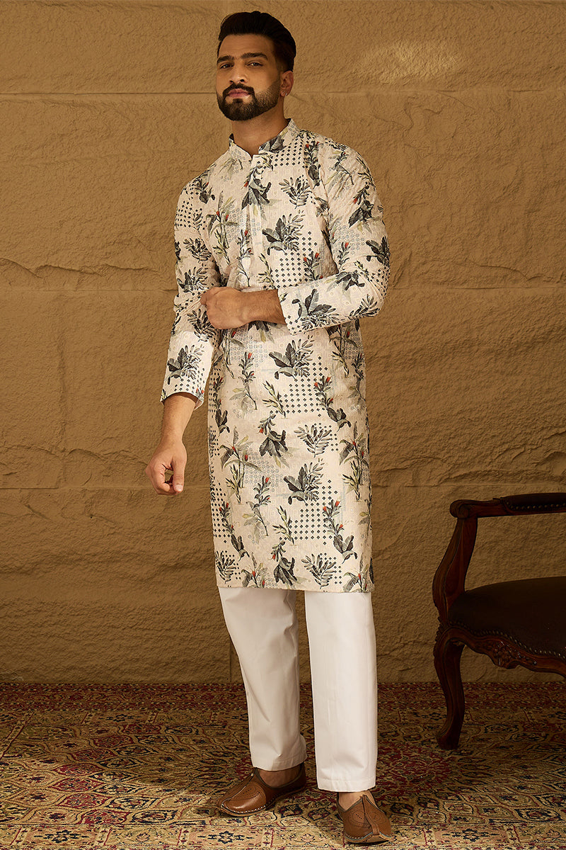 Off White Viscose Rayon Geometric Printed Straight Kurta