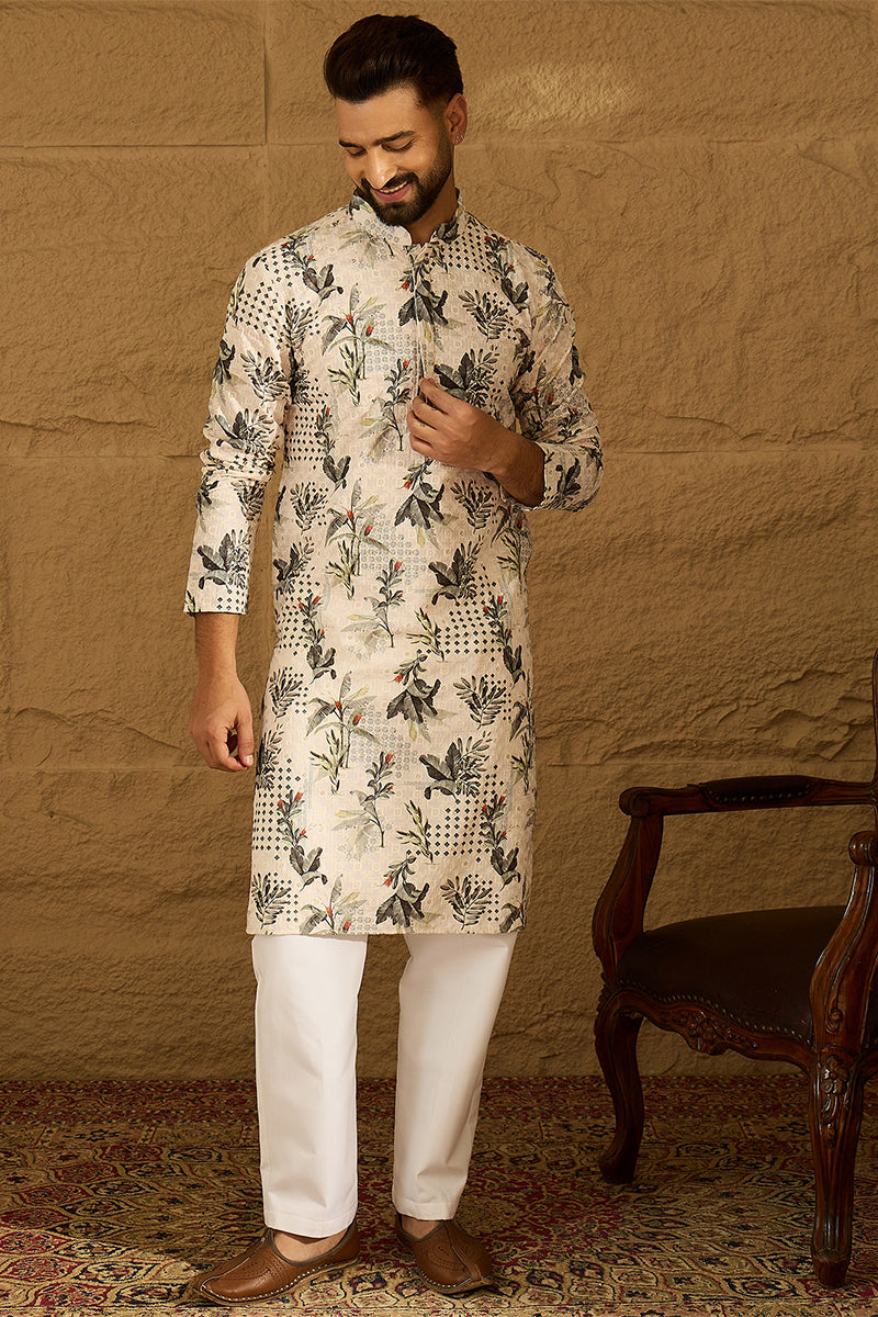 Off White Viscose Rayon Geometric Printed Straight Kurta