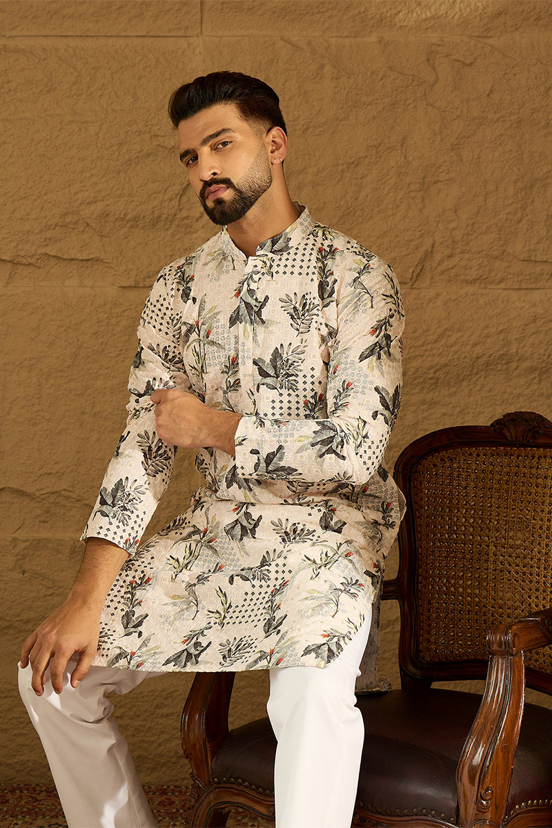 Off White Viscose Rayon Geometric Printed Straight Kurta