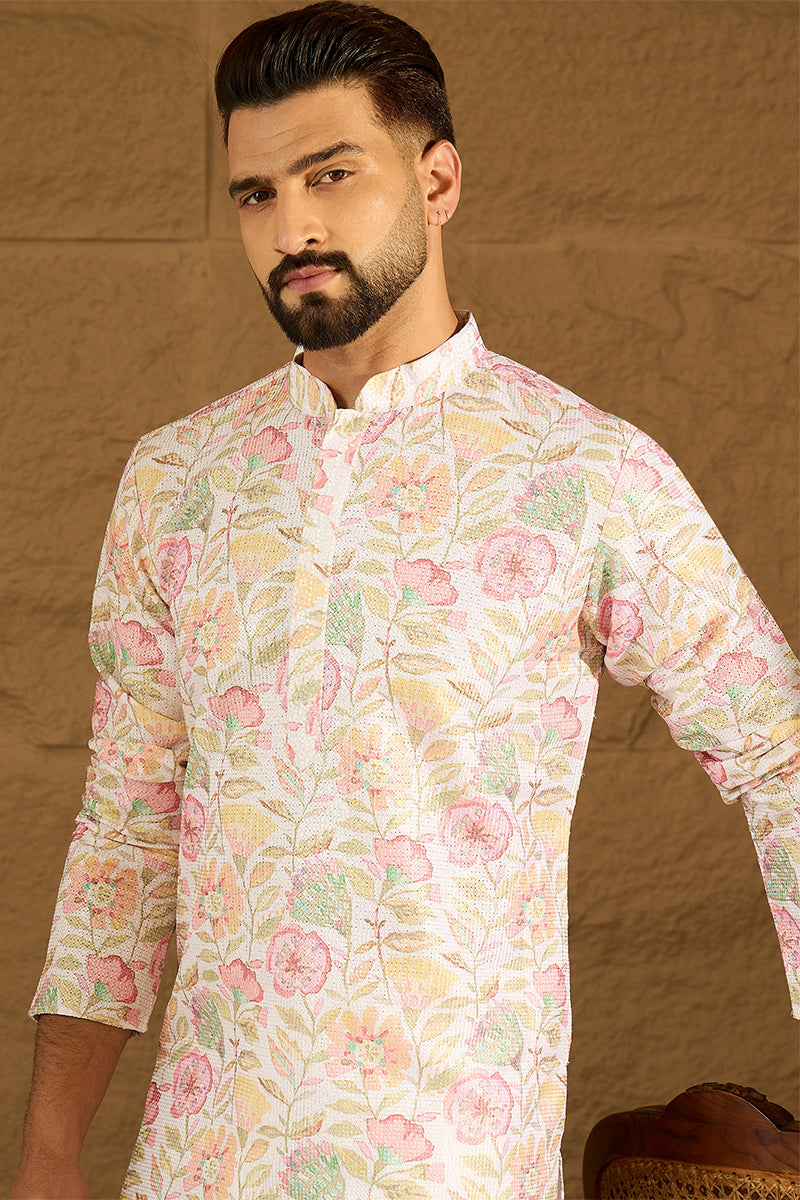 White Viscose Rayon Floral Embroidered Straight Kurta with Trouser MKSET1599