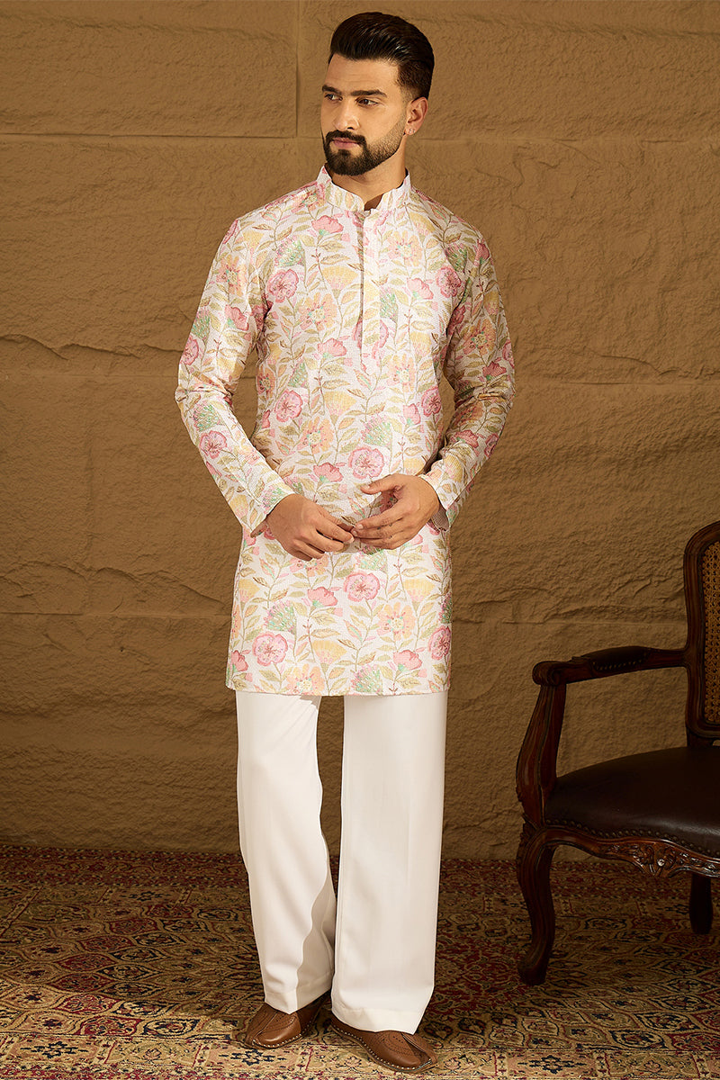 White Viscose Rayon Floral Embroidered Straight Kurta with Trouser MKSET1599