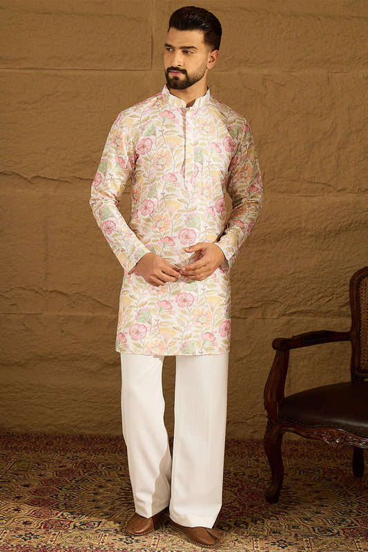 White Viscose Rayon Floral Embroidered Straight Kurta with Trouser MKSET1599