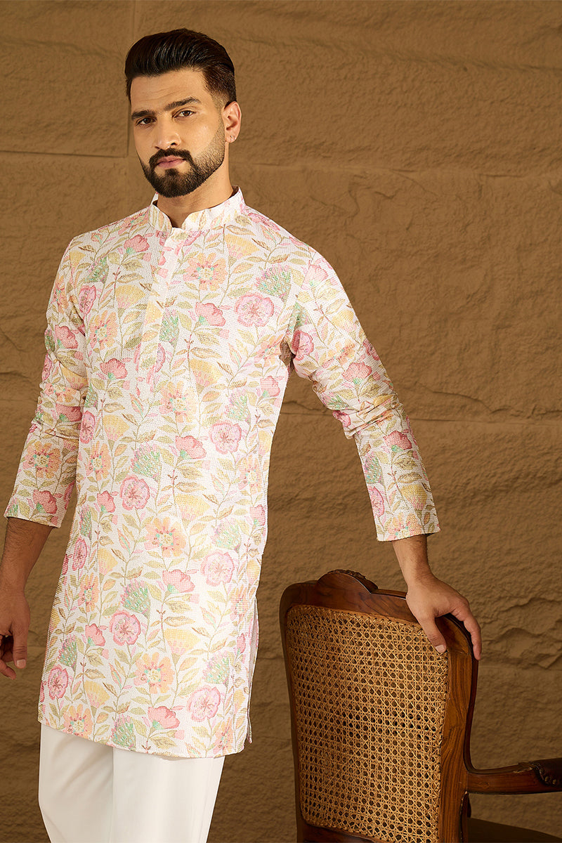 White Viscose Rayon Floral Embroidered Straight Kurta with Trouser