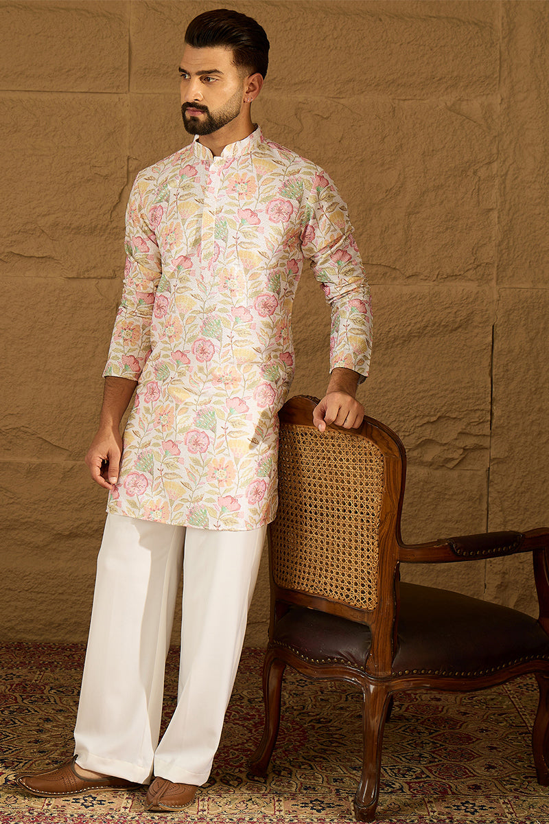 White Viscose Rayon Floral Embroidered Straight Kurta with Trouser