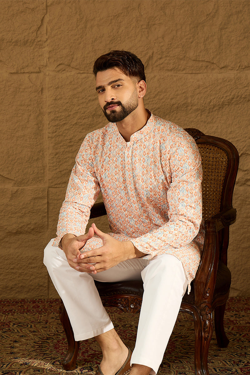 orange viscose rayon geometric printed straight kurta with trouser
